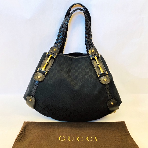 Gucci Handbags - Gucci Black & Gold GG Canvas Horsebit Pelham Bag